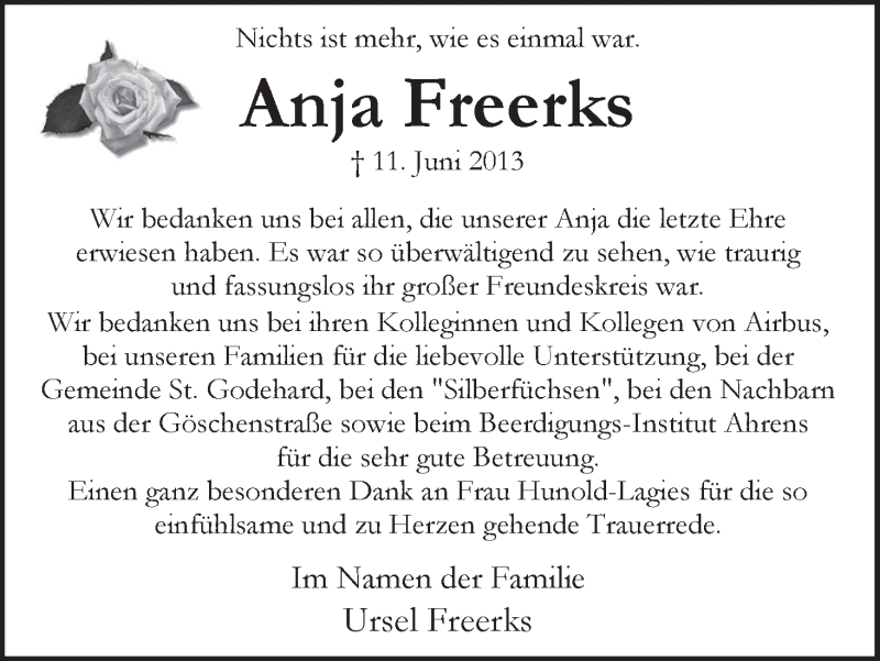  Traueranzeige für Anja Freerks vom 06.07.2013 aus WESER-KURIER