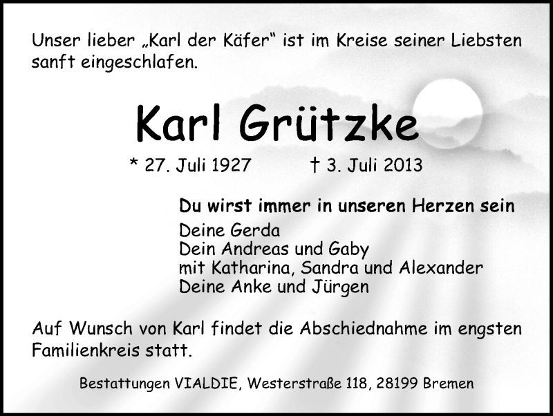  Traueranzeige für Karl Grützke vom 06.07.2013 aus WESER-KURIER