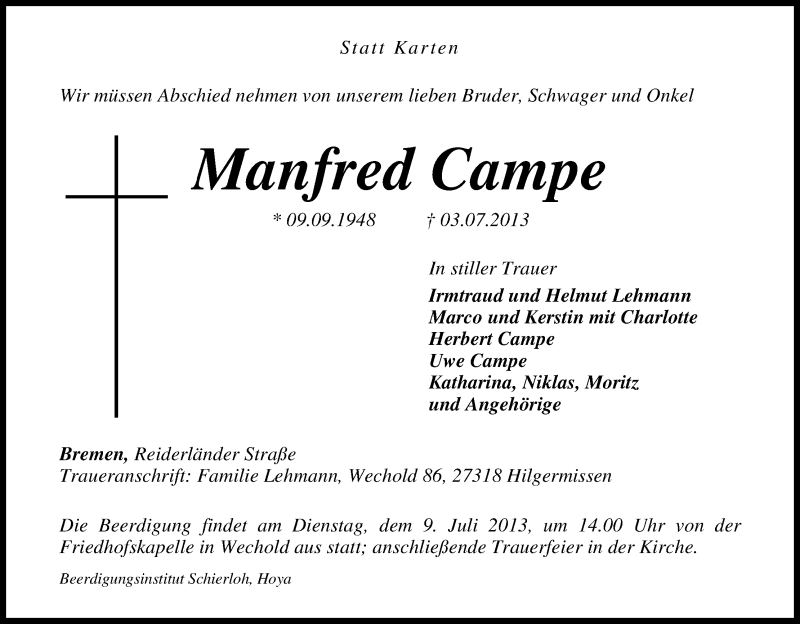 Traueranzeige für Manfred Campe vom 06.07.2013 aus WESER-KURIER