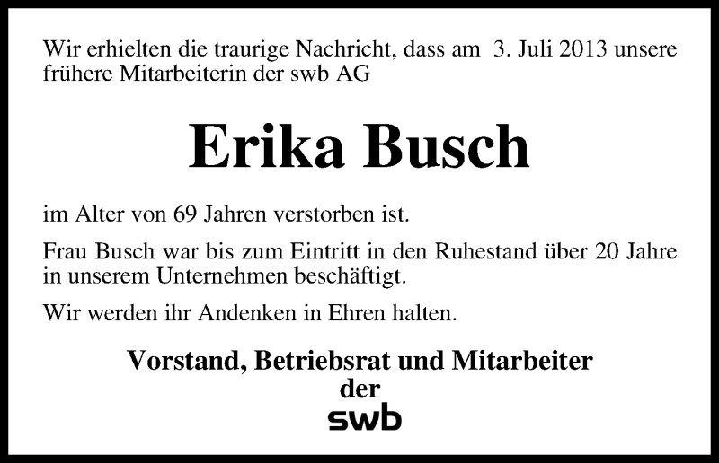  Traueranzeige für Erika Busch vom 06.07.2013 aus WESER-KURIER