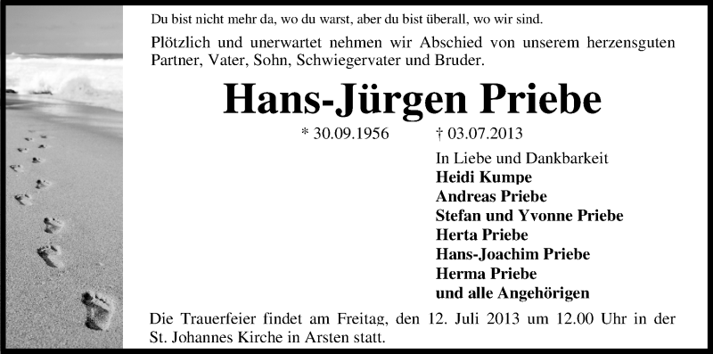  Traueranzeige für Hans-Jürgen Priebe vom 06.07.2013 aus WESER-KURIER