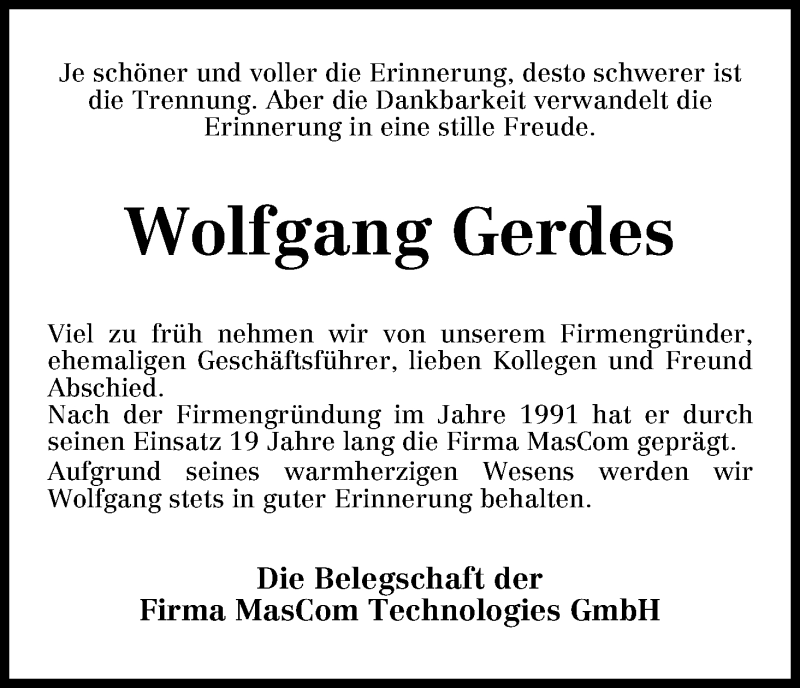 Traueranzeige von Wolfgang Gerdes von WESER-KURIER