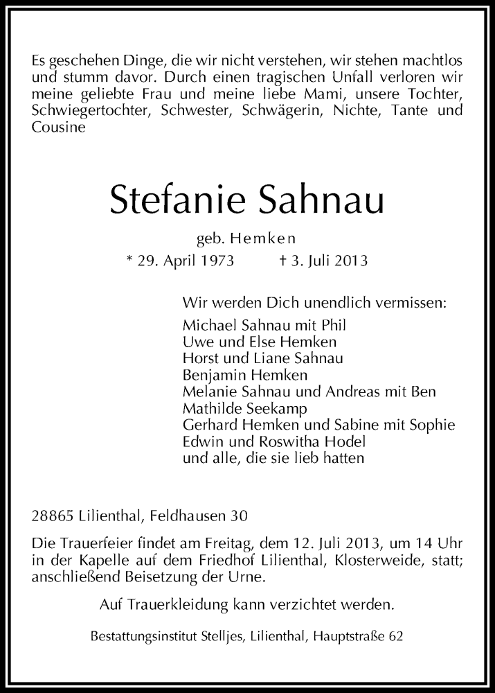  Traueranzeige für Stefanie Sahnau vom 08.07.2013 aus WESER-KURIER