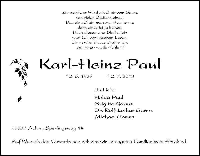 Traueranzeige von Karl-Heinz Paul von WESER-KURIER