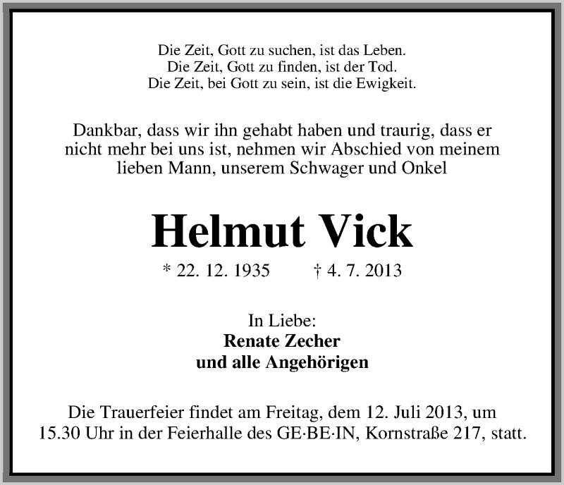 Traueranzeige von Helmut Vick von WESER-KURIER