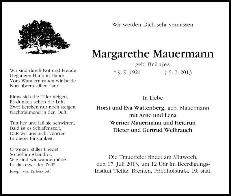  Traueranzeige für Margarethe Mauermann vom 13.07.2013 aus WESER-KURIER