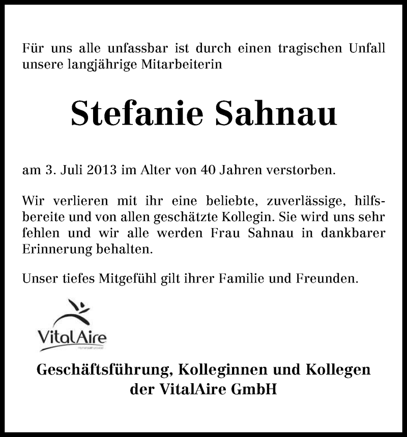  Traueranzeige für Stefanie Sahnau vom 10.07.2013 aus WESER-KURIER