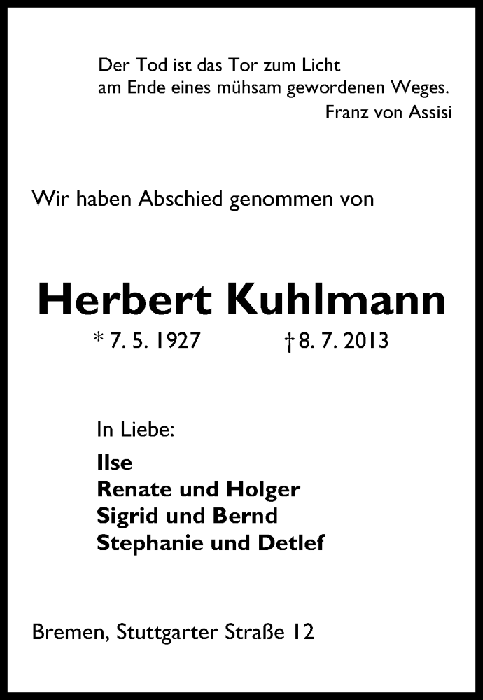 Traueranzeige von Herbert Kuhlmann von WESER-KURIER