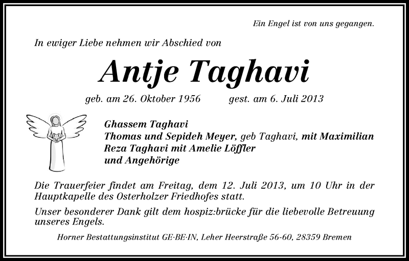 Traueranzeige von Antje Taghavi von WESER-KURIER