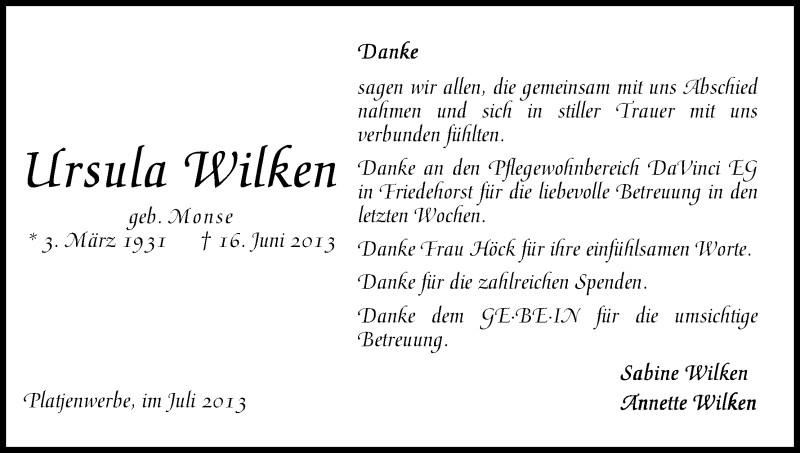 Traueranzeige von Ursula Wilken von WESER-KURIER