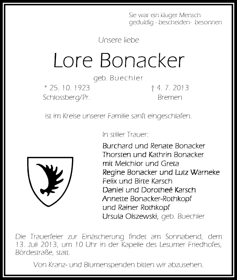 Traueranzeige von Lore Bonacker von WESER-KURIER