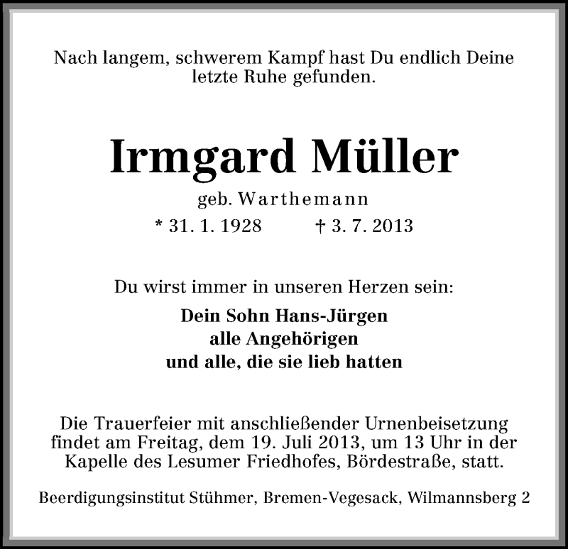  Traueranzeige für Irmgard Müller vom 13.07.2013 aus WESER-KURIER