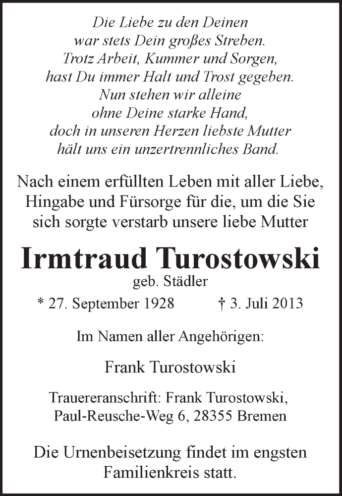  Traueranzeige für Irmtraud Turostowski vom 13.07.2013 aus WESER-KURIER