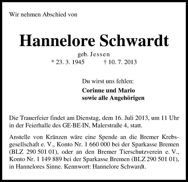 Traueranzeige von Hannelore Schwardt von WESER-KURIER