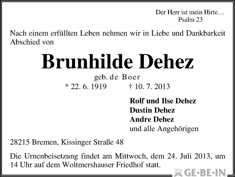 Traueranzeige von Brunhilde Dehez von WESER-KURIER