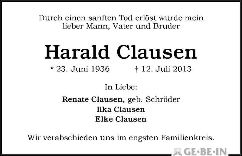 Traueranzeige von Harald Clausen von WESER-KURIER