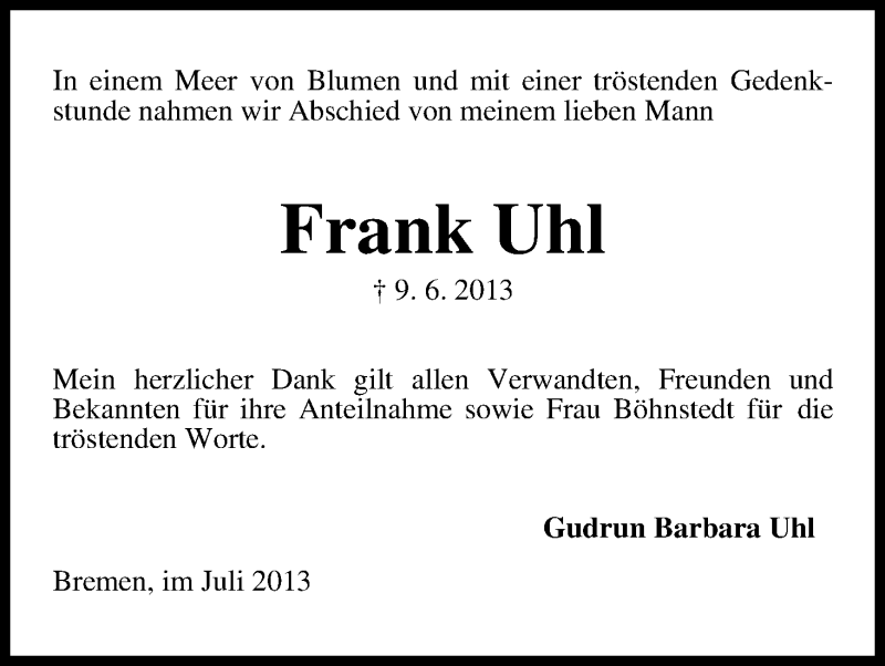 Traueranzeige von Frank Uhl von WESER-KURIER