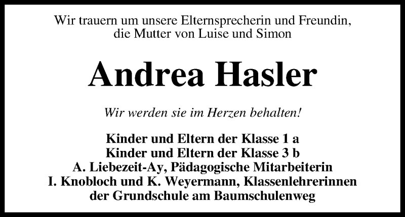  Traueranzeige für Andrea Hasler vom 20.07.2013 aus WESER-KURIER