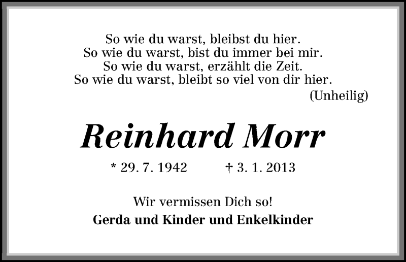  Traueranzeige für Reinhard Morr vom 29.07.2013 aus WESER-KURIER