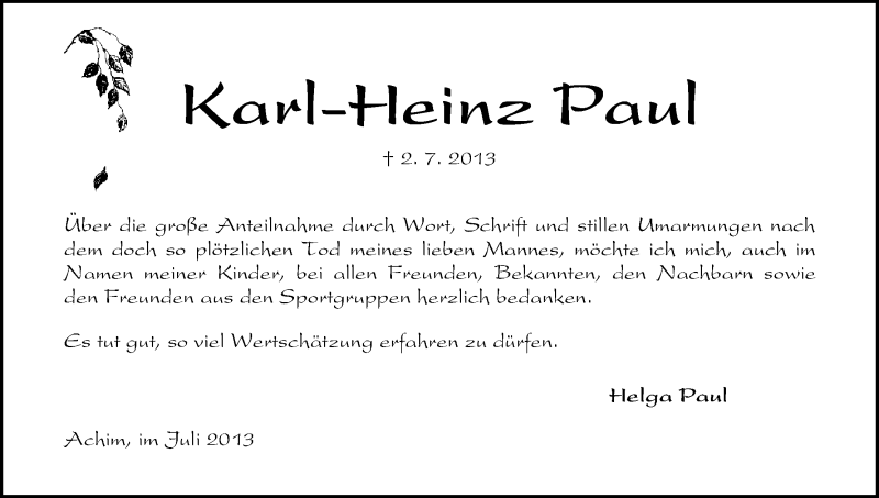 Traueranzeige von Karl-Heinz Paul von WESER-KURIER