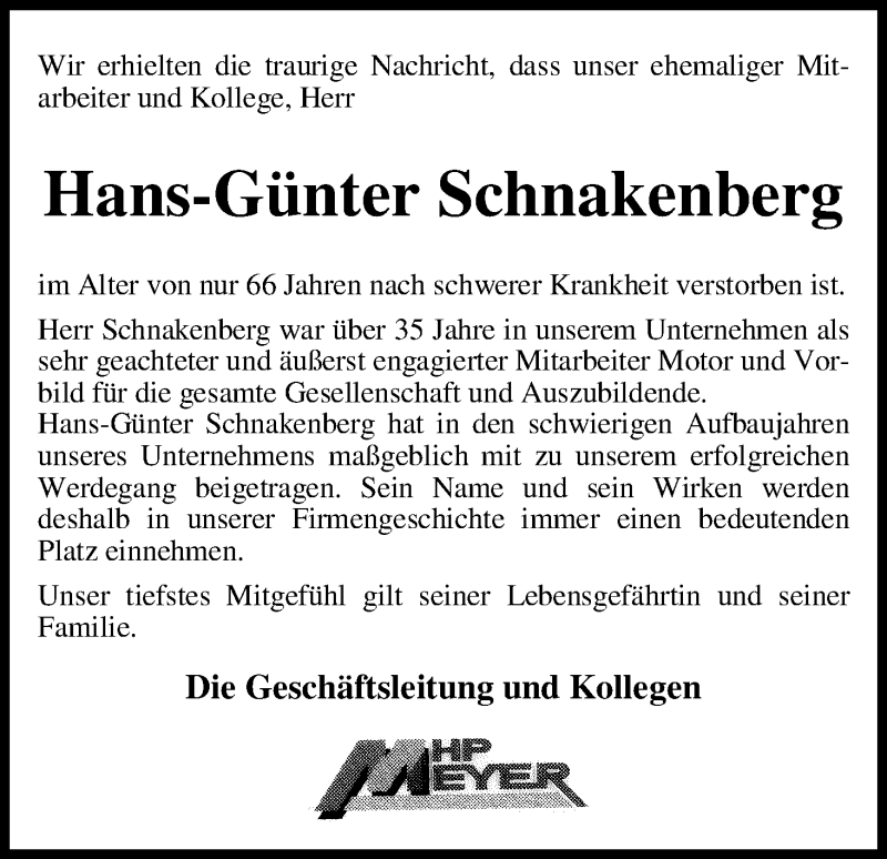 Traueranzeige von Hans-Günter Schnakenberg von WESER-KURIER