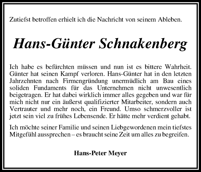 Traueranzeige von Hans-Günter Schnakenberg von WESER-KURIER
