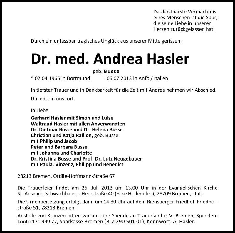  Traueranzeige für Andrea Hasler vom 20.07.2013 aus WESER-KURIER