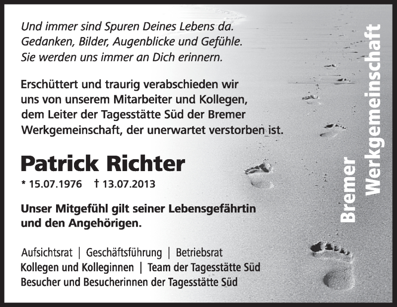  Traueranzeige für Patrick Richter vom 20.07.2013 aus WESER-KURIER