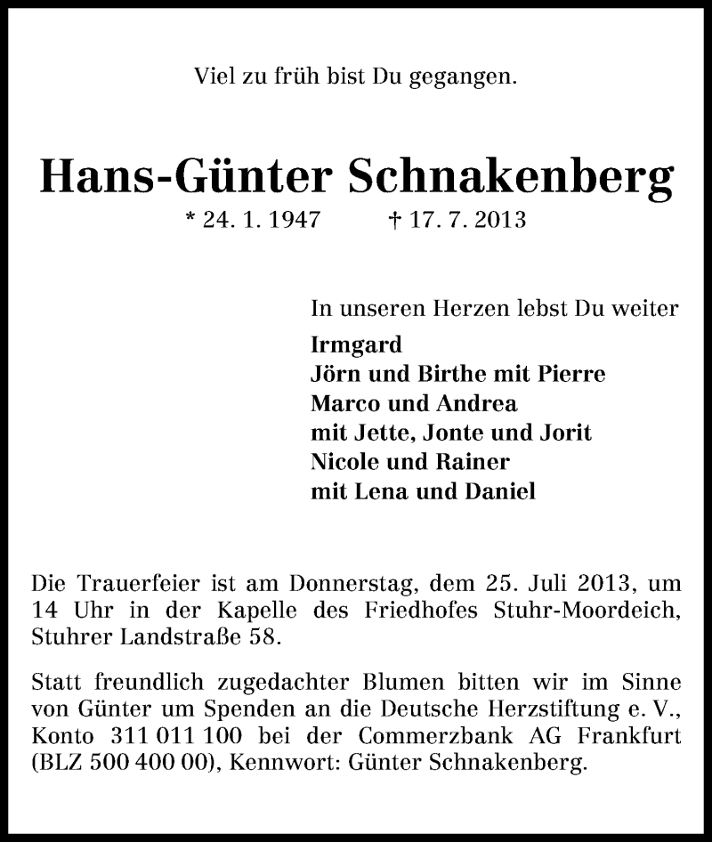 Traueranzeige von Hans-Günter Schnakenberg von WESER-KURIER