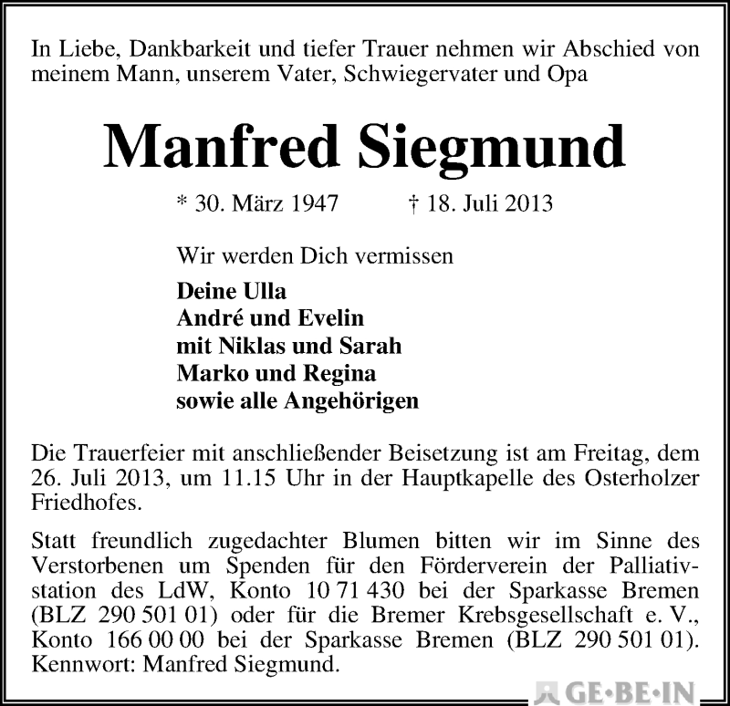 Traueranzeige von Manfred Siegmund von WESER-KURIER