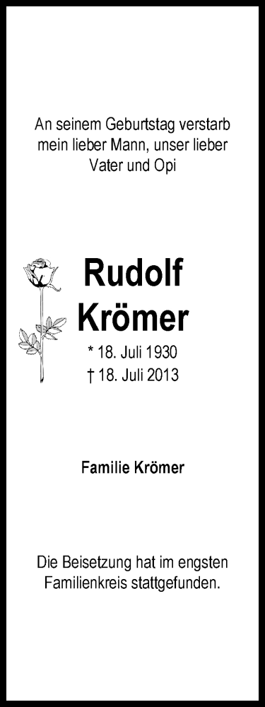 Traueranzeige von Rudolf Krömer von WESER-KURIER