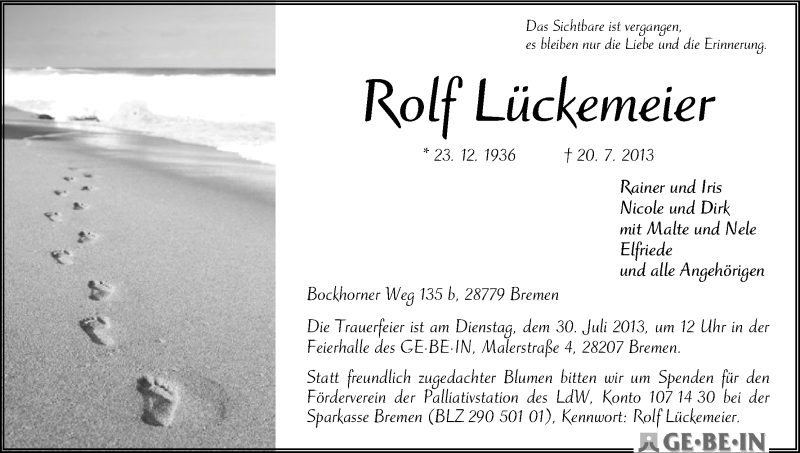 Traueranzeige von Rolf Lückemeier von WESER-KURIER