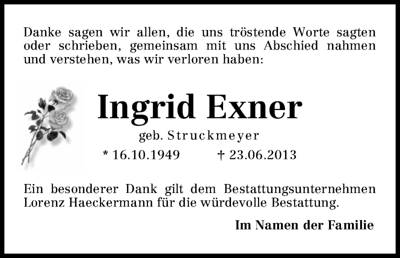  Traueranzeige für Ingrid Exner vom 25.07.2013 aus WESER-KURIER