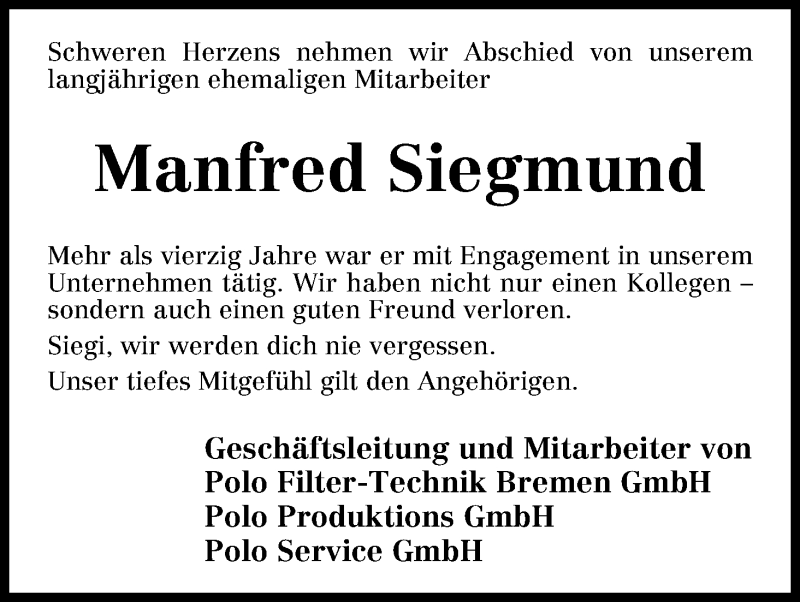 Traueranzeige von Manfred Siegmund von WESER-KURIER