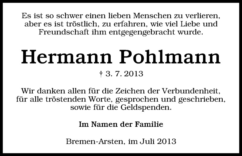  Traueranzeige für Hermann Pohlmann vom 27.07.2013 aus WESER-KURIER