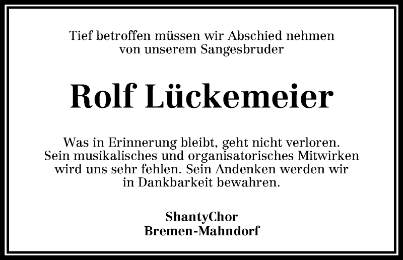 Traueranzeige von Rolf Lückemeier von WESER-KURIER