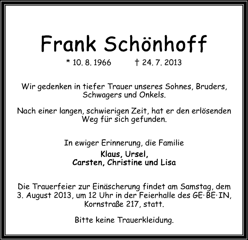 Traueranzeige von Frank Schönhoff von WESER-KURIER