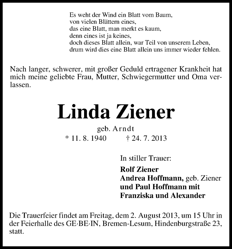 Traueranzeige von Linda Ziener von WESER-KURIER