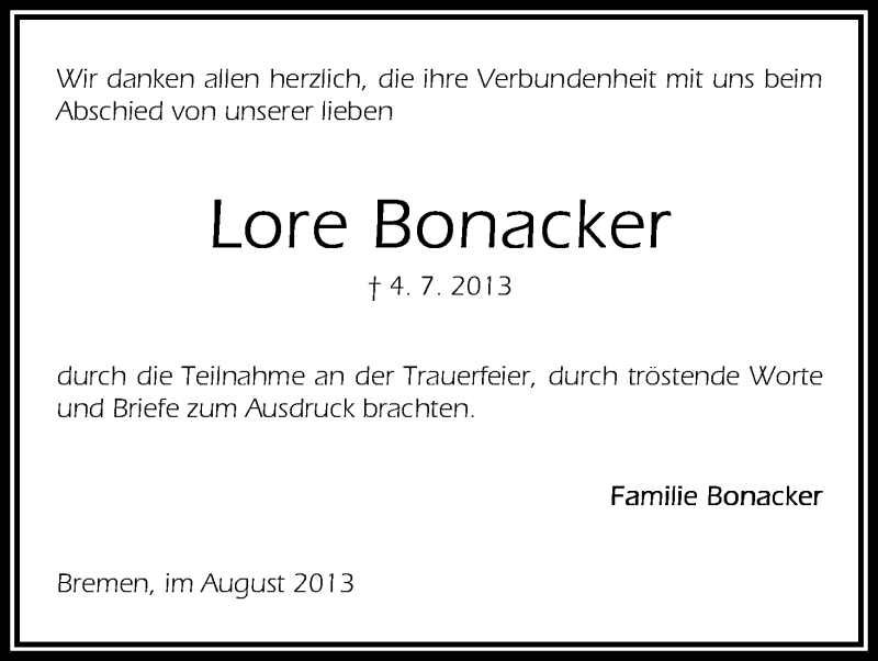 Traueranzeige von Lore Bonacker von WESER-KURIER