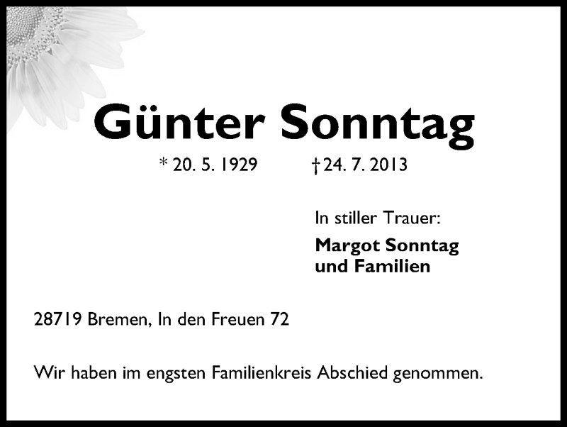 Traueranzeige von Günter Sonntag von WESER-KURIER