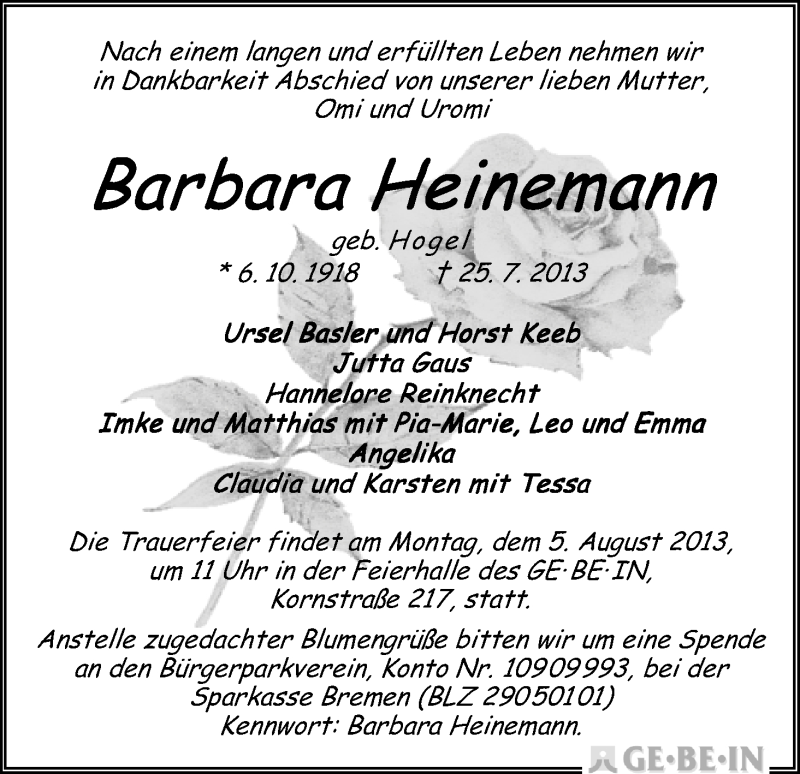 Traueranzeige von Barbara Heinemann von WESER-KURIER