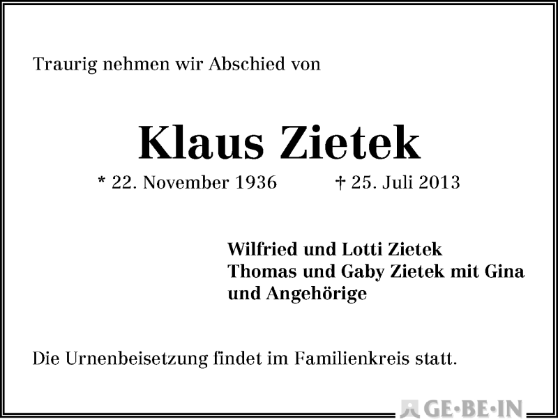 Traueranzeige von Klaus Zietek von WESER-KURIER
