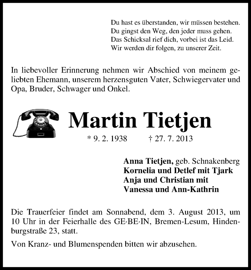 Traueranzeige von Martin Tietjen von WESER-KURIER