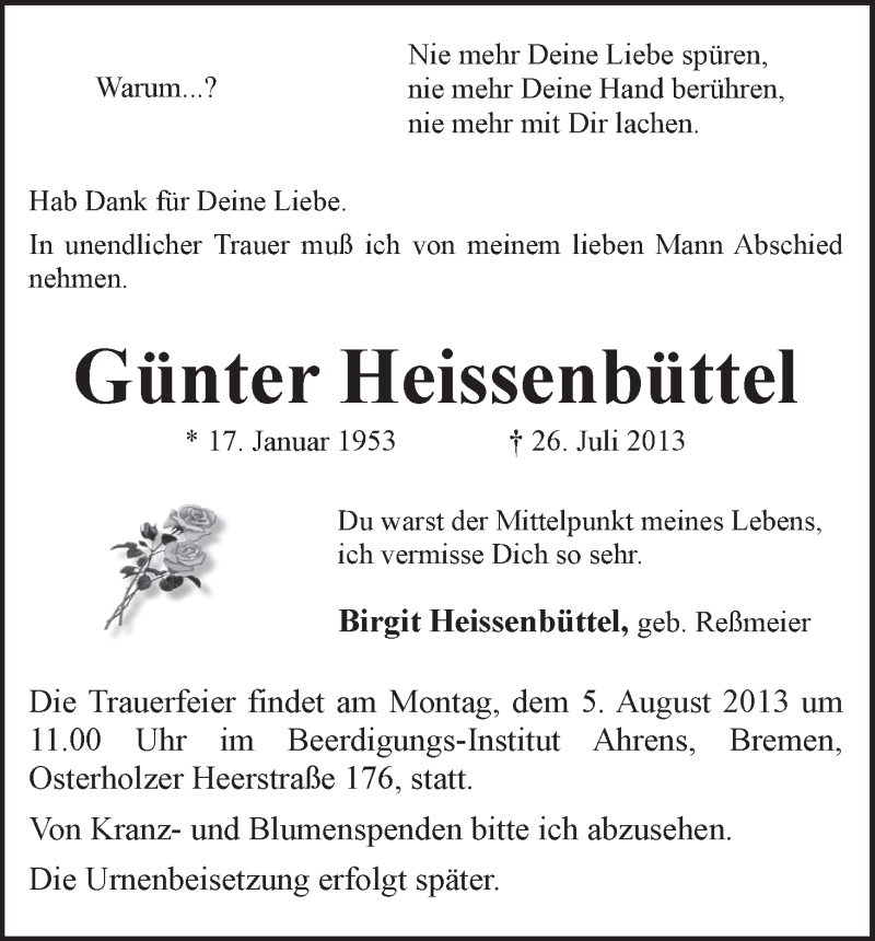  Traueranzeige für Günter Heissenbüttel vom 31.07.2013 aus WESER-KURIER