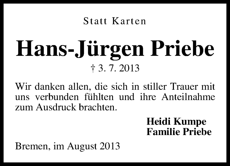  Traueranzeige für Hans-Jürgen Priebe vom 03.08.2013 aus WESER-KURIER