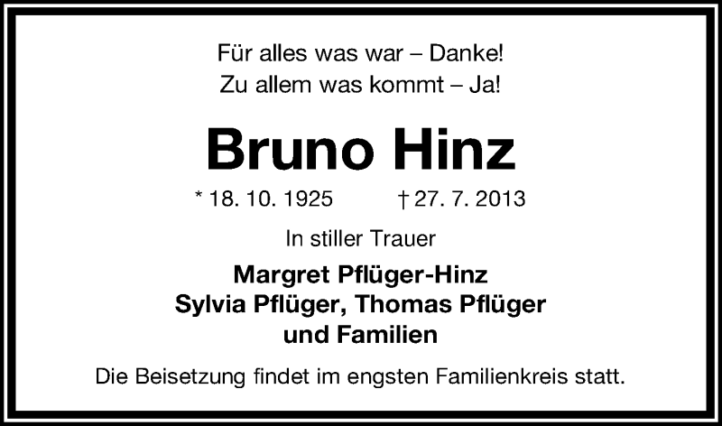  Traueranzeige für Bruno Hinz vom 03.08.2013 aus WESER-KURIER