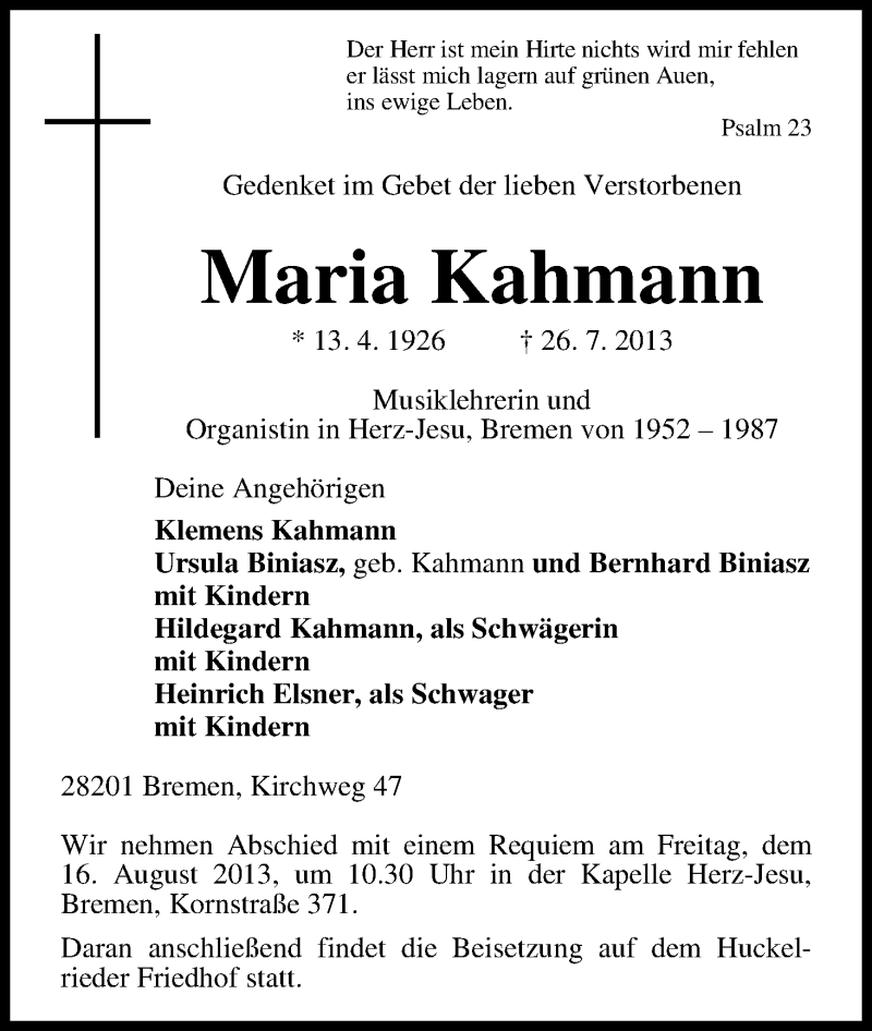 Traueranzeige von Maria Kahmann von WESER-KURIER