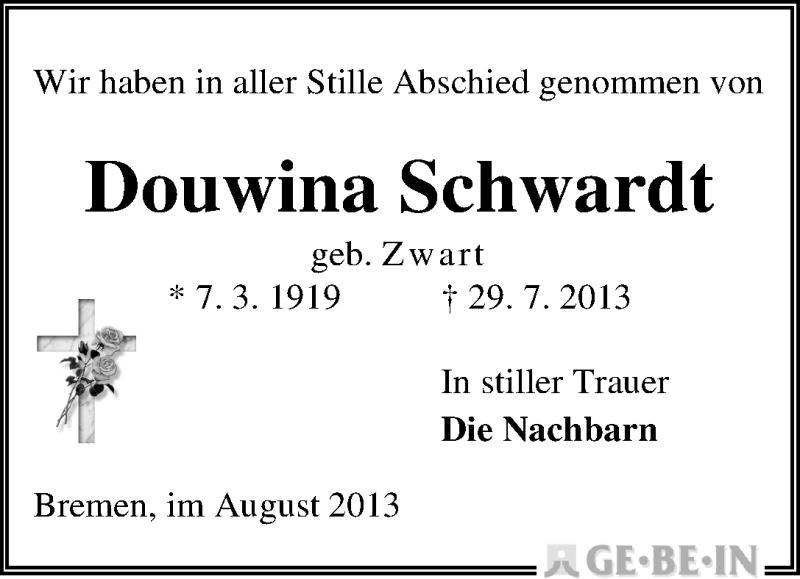 Traueranzeige von Douwina Schwardt von WESER-KURIER