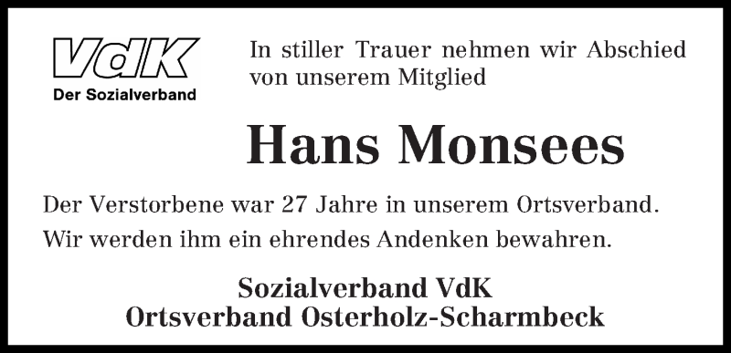 Traueranzeige von Hans Monsees von WESER-KURIER