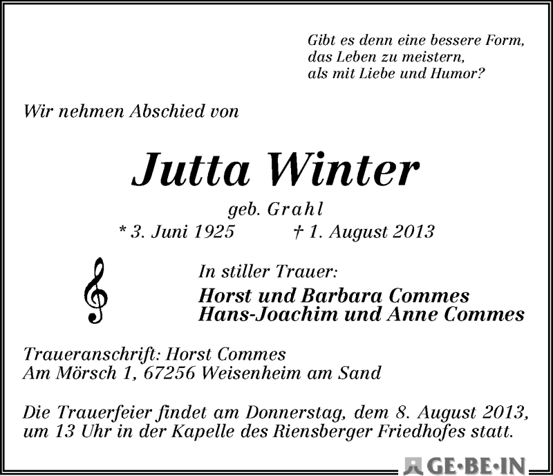 Traueranzeige von Jutta Winter von WESER-KURIER